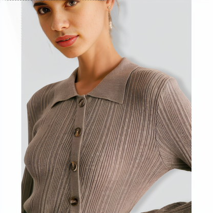 The Grey Shirt Collar Button Ribbed Knit Top