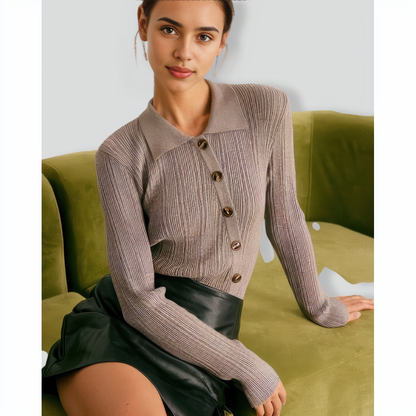 The Grey Shirt Collar Button Ribbed Knit Top