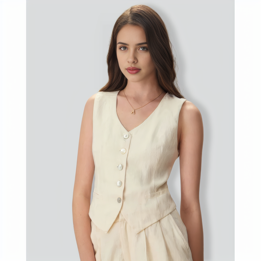 The Apricot V Neck Button-Up Linen Vest