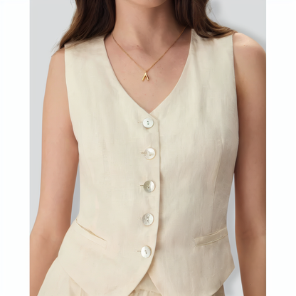 The Apricot V Neck Button-Up Linen Vest