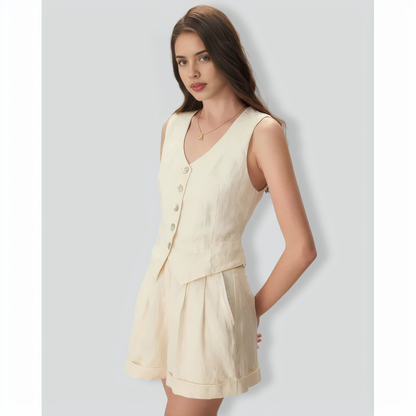 The Apricot V Neck Button-Up Linen Vest