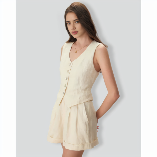 The Apricot V Neck Button-Up Linen Vest