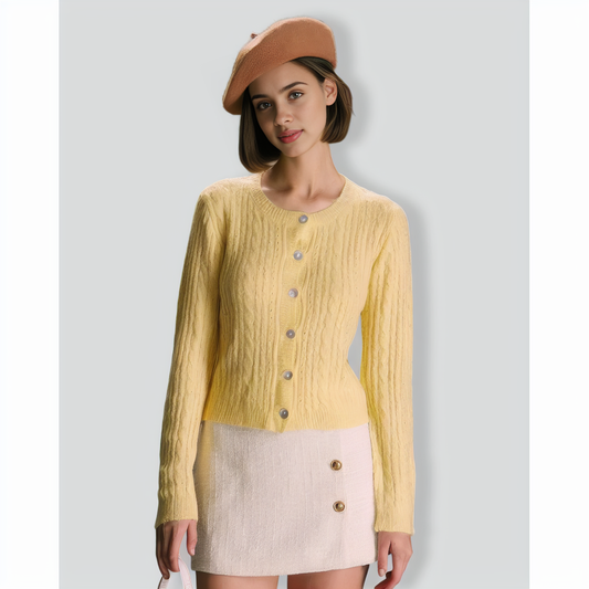 The Yellow Round Neck Cable Ribbed Cardigan