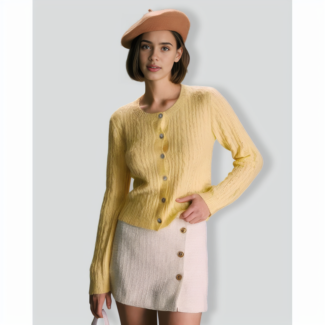 The Yellow Round Neck Cable Ribbed Cardigan