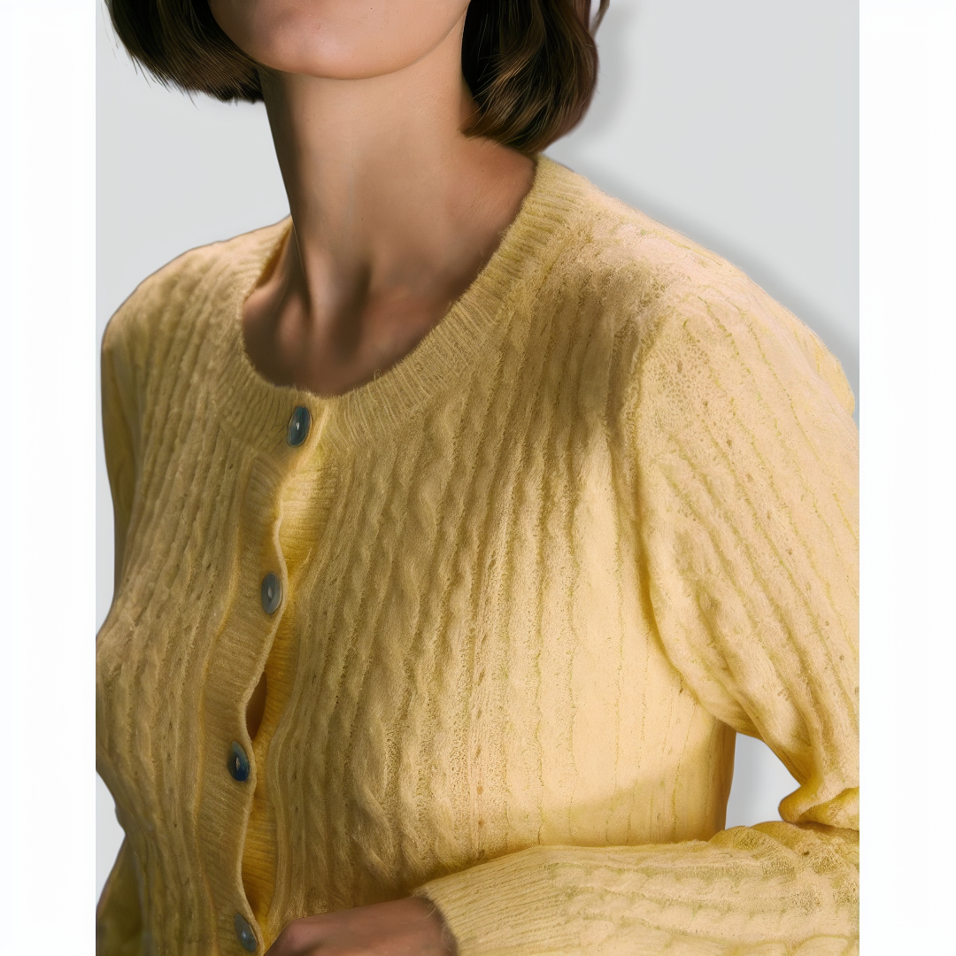 The Yellow Round Neck Cable Ribbed Cardigan