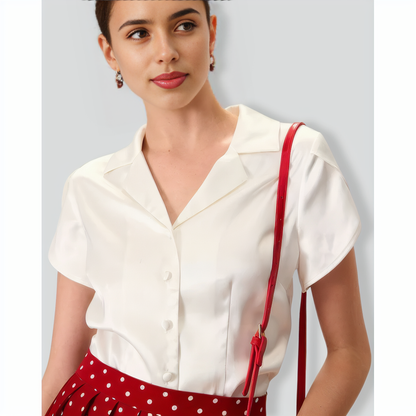 Women's White Lapel Satin Blouse