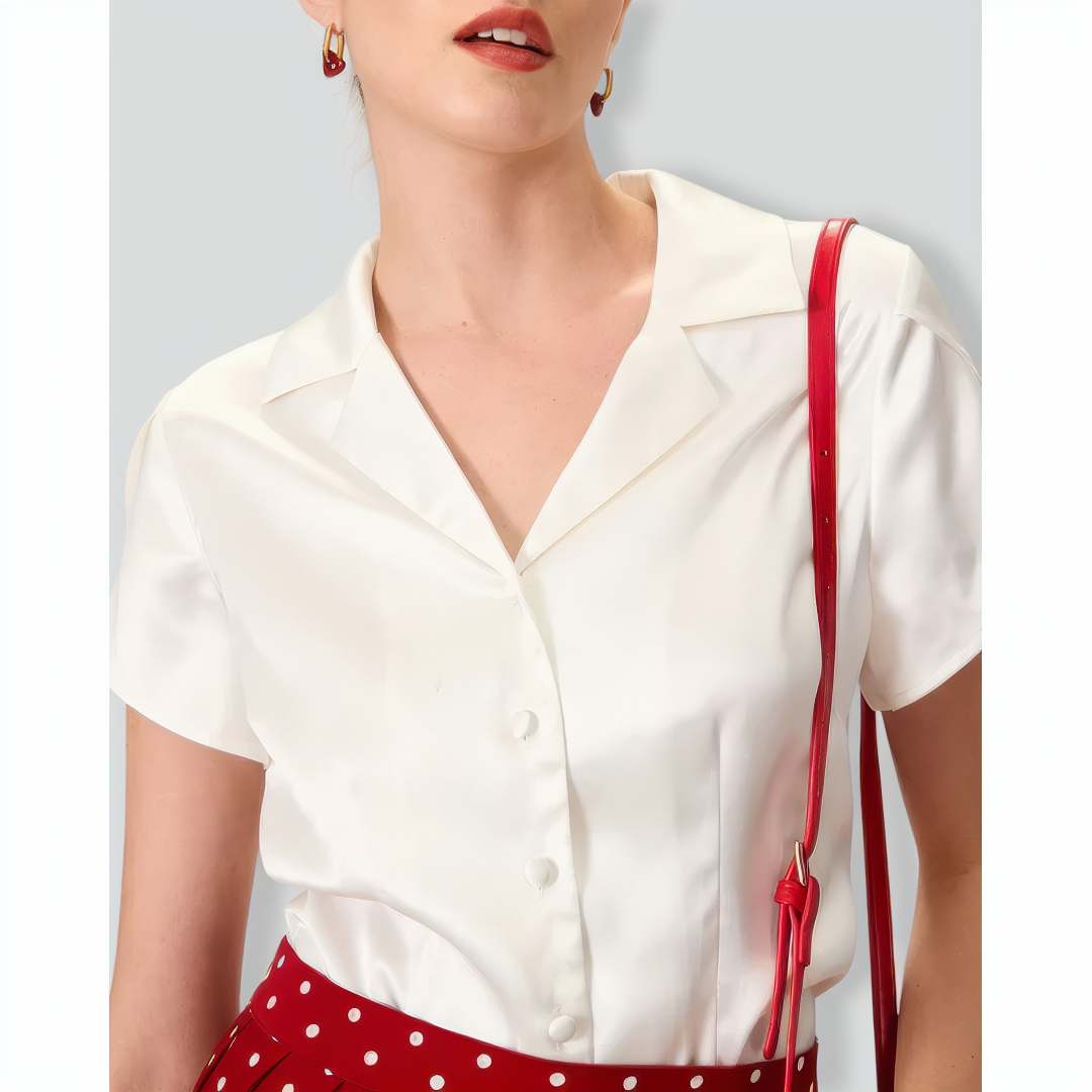 Women's White Lapel Satin Blouse
