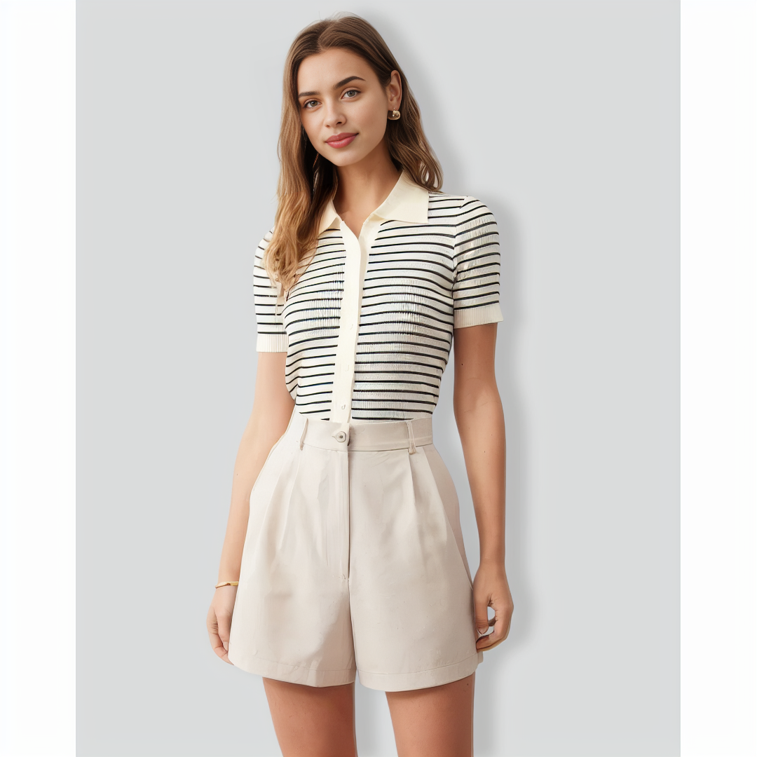 The Lapel Button Up Striped Knit Top