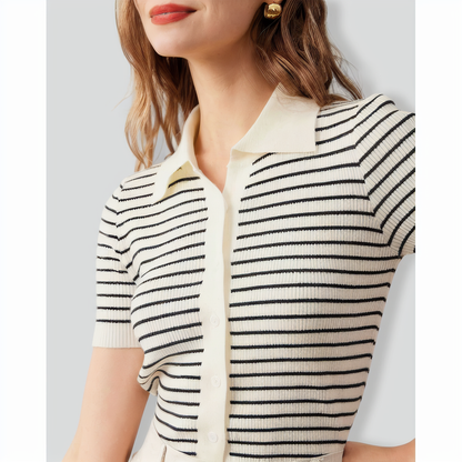 The Lapel Button Up Striped Knit Top