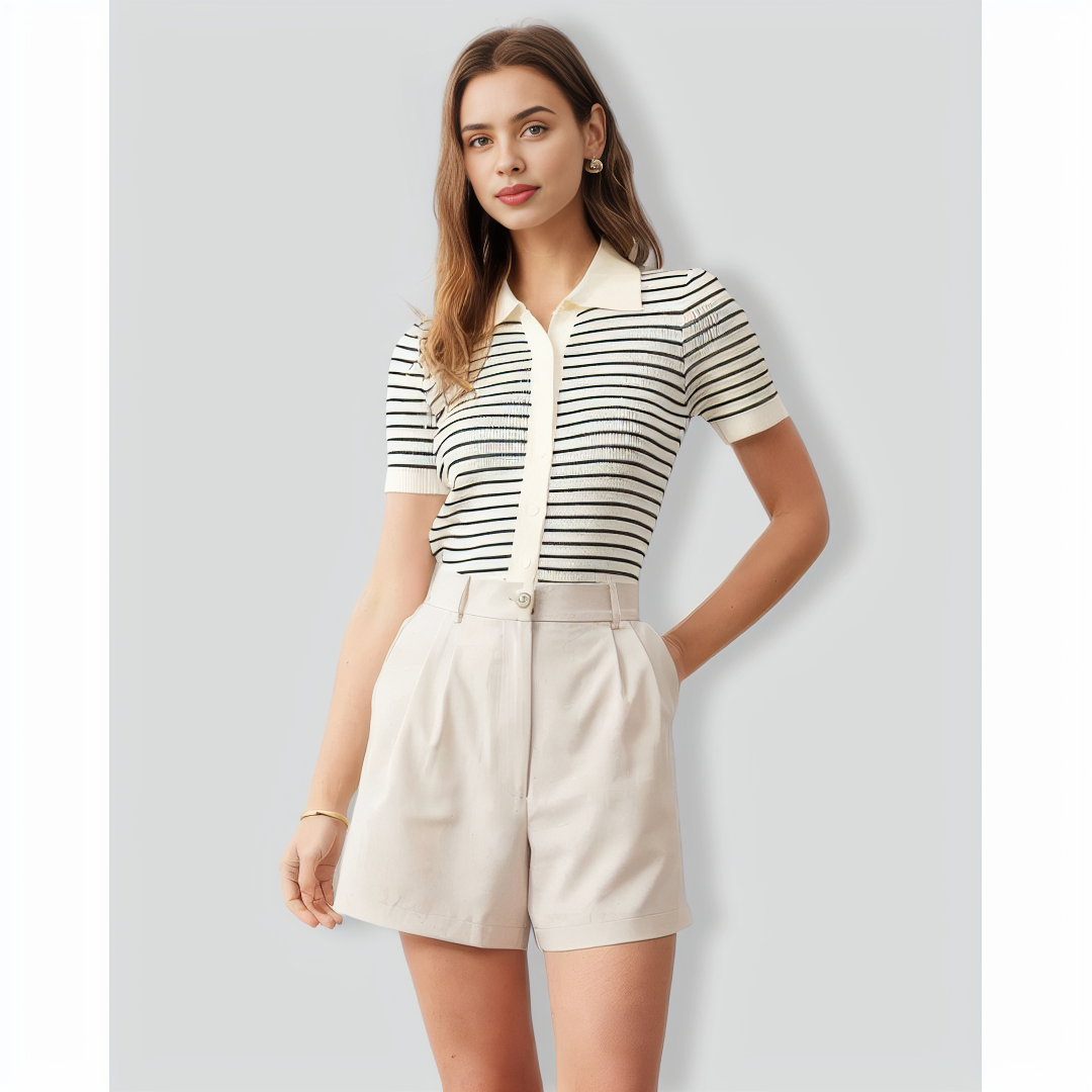 The Lapel Button Up Striped Knit Top