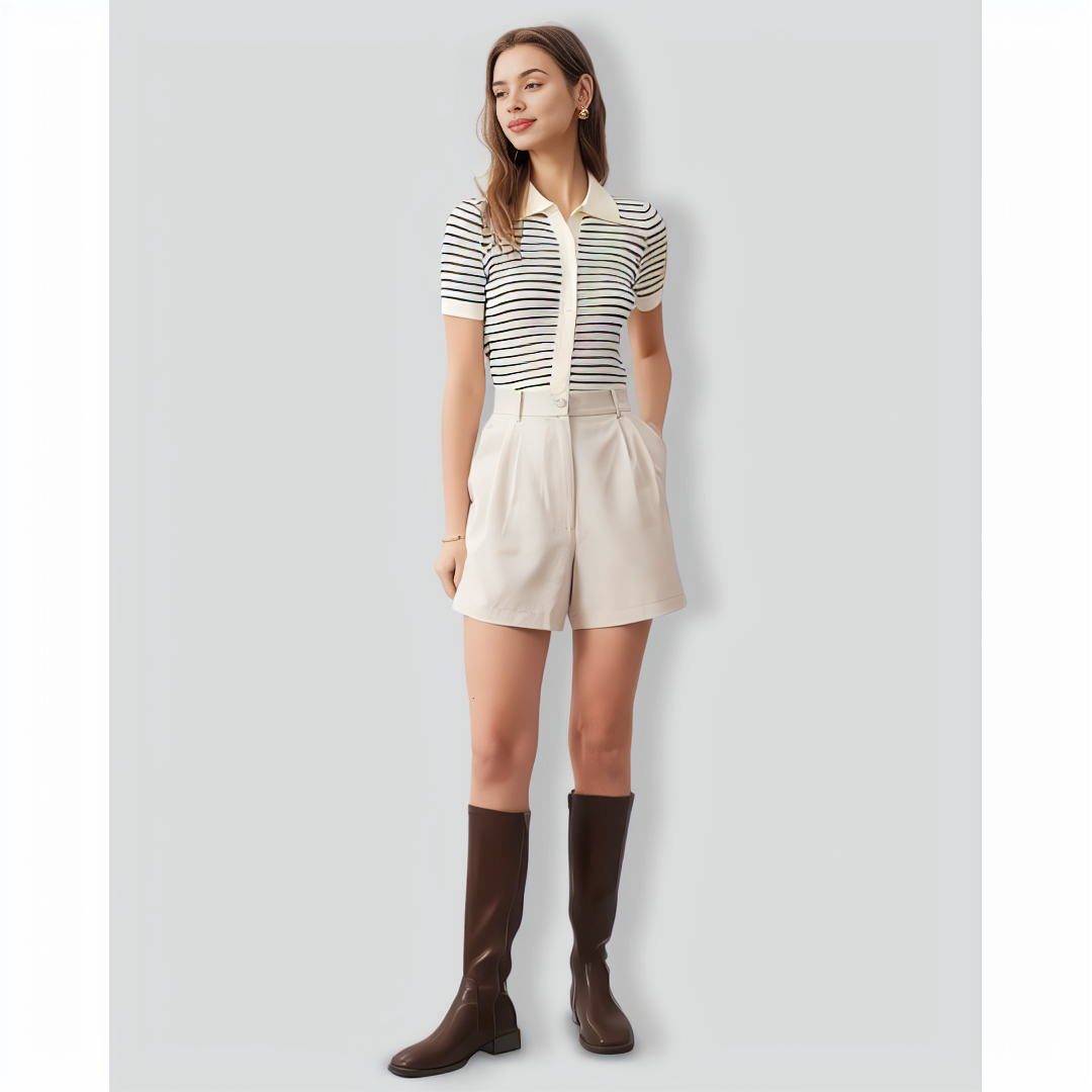 The Lapel Button Up Striped Knit Top