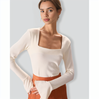 The Beige Square Neck Slit Flare Sleeve Tee