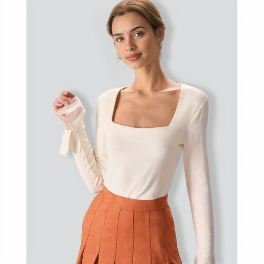 The Beige Square Neck Slit Flare Sleeve Tee