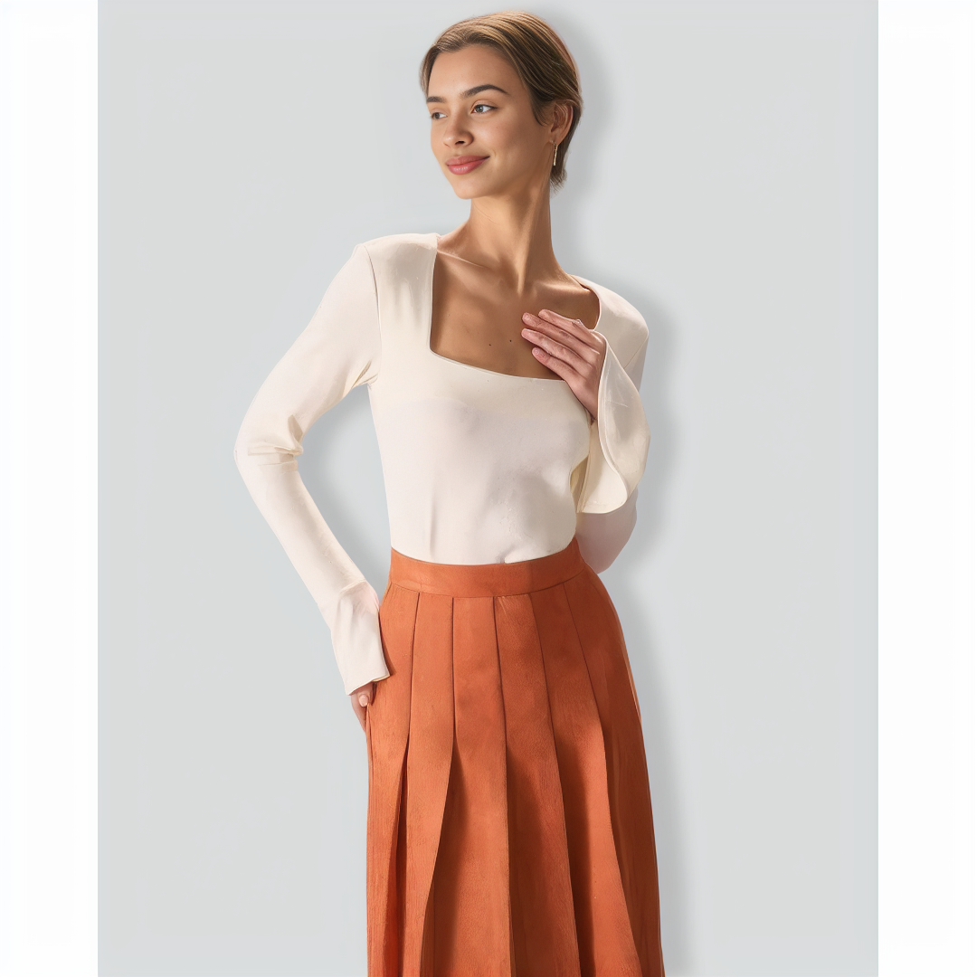 The Beige Square Neck Slit Flare Sleeve Tee