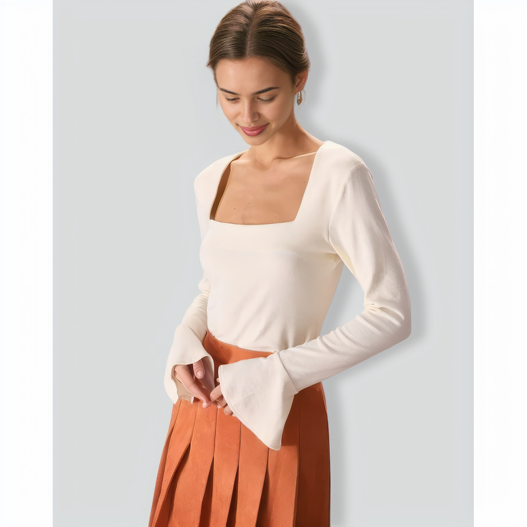 The Beige Square Neck Slit Flare Sleeve Tee