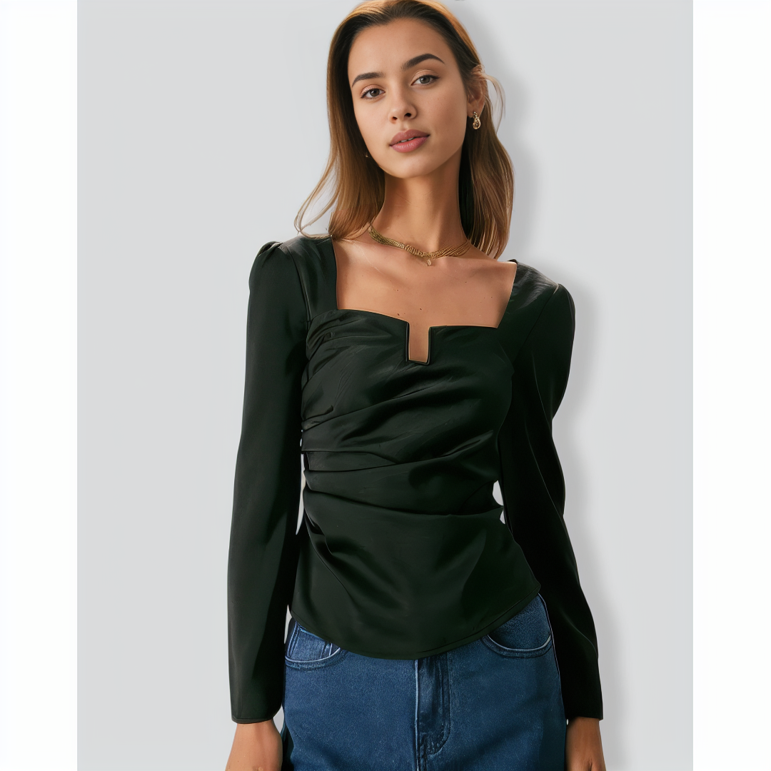 The Black Square Neck Ruched Satin Blouse