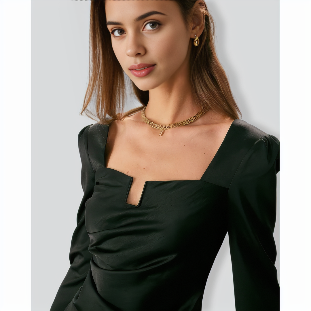 The Black Square Neck Ruched Satin Blouse
