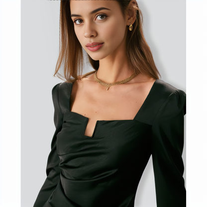 The Black Square Neck Ruched Satin Blouse