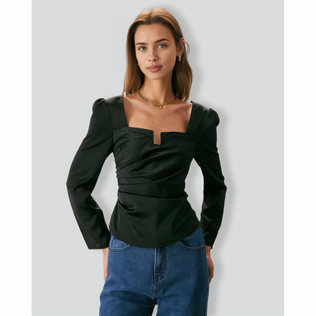 The Black Square Neck Ruched Satin Blouse