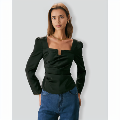 The Black Square Neck Ruched Satin Blouse