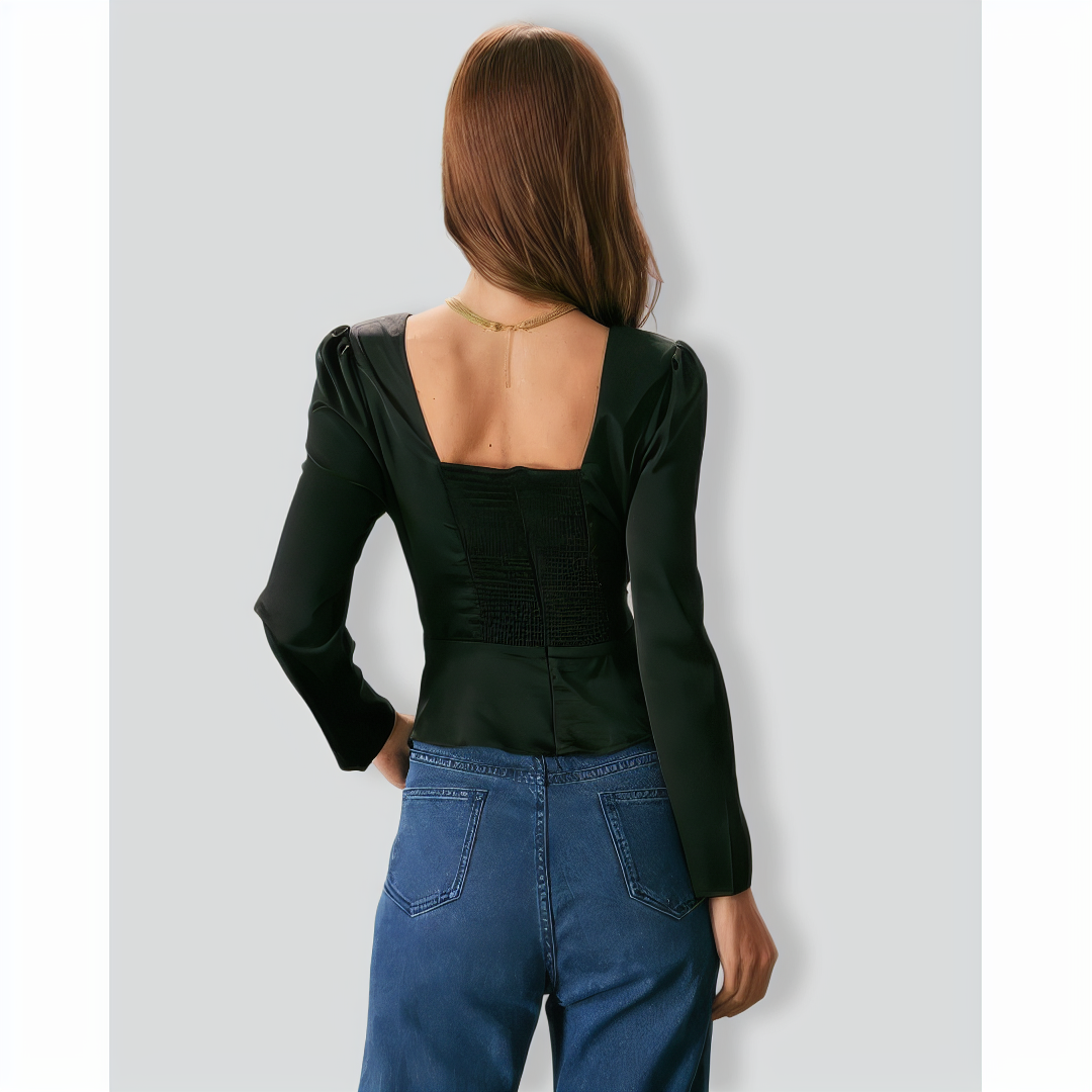 The Black Square Neck Ruched Satin Blouse