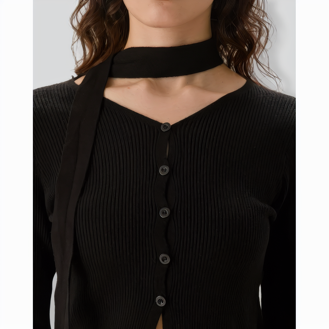 Women's Black Ribbed Knit Slim Cardigan