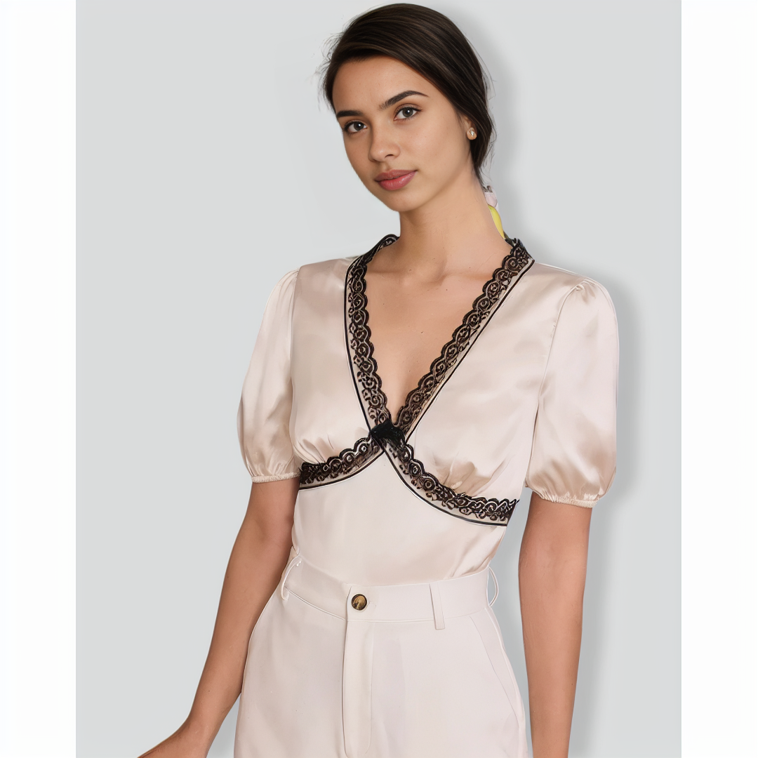 The Apricot V-Neck Lace Puff Sleeve Blouse