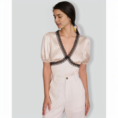 The Apricot V-Neck Lace Puff Sleeve Blouse