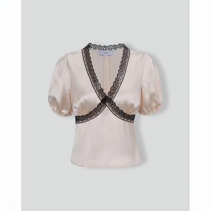 The Apricot V-Neck Lace Puff Sleeve Blouse