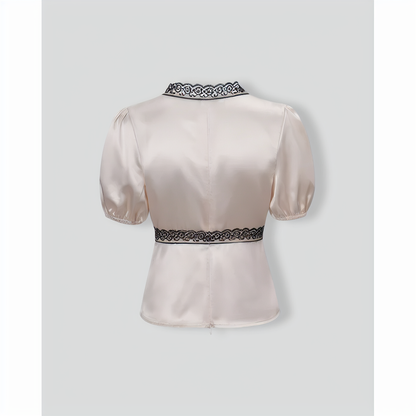 The Apricot V-Neck Lace Puff Sleeve Blouse