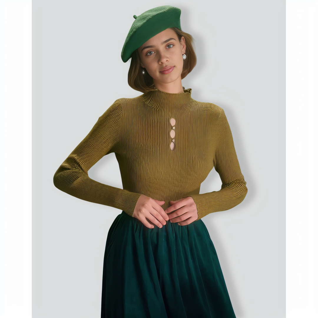 The Army Green Mock Neck Cutout Knit Top
