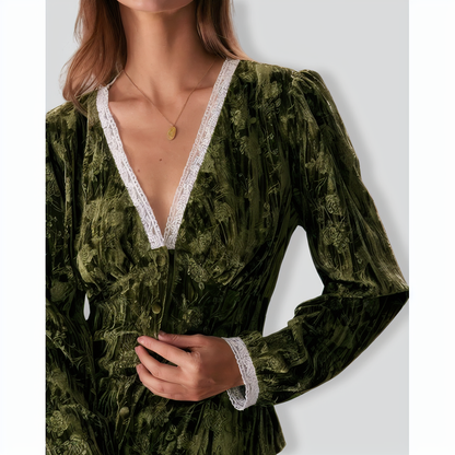 The Green V Neck Lace Floral Velvet Blouse