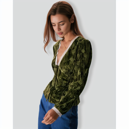 The Green V Neck Lace Floral Velvet Blouse
