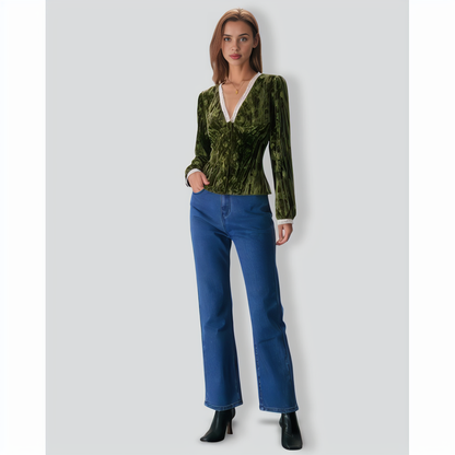 The Green V Neck Lace Floral Velvet Blouse