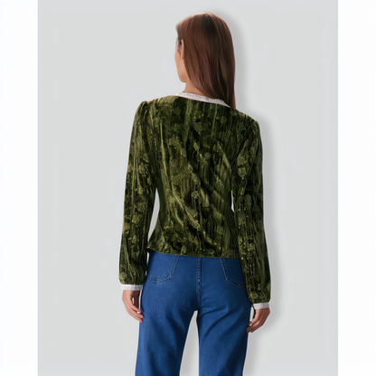 The Green V Neck Lace Floral Velvet Blouse