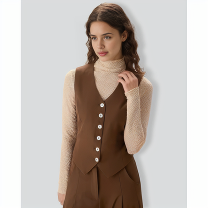 Brown V Neck Button Up Sleeveless Vest