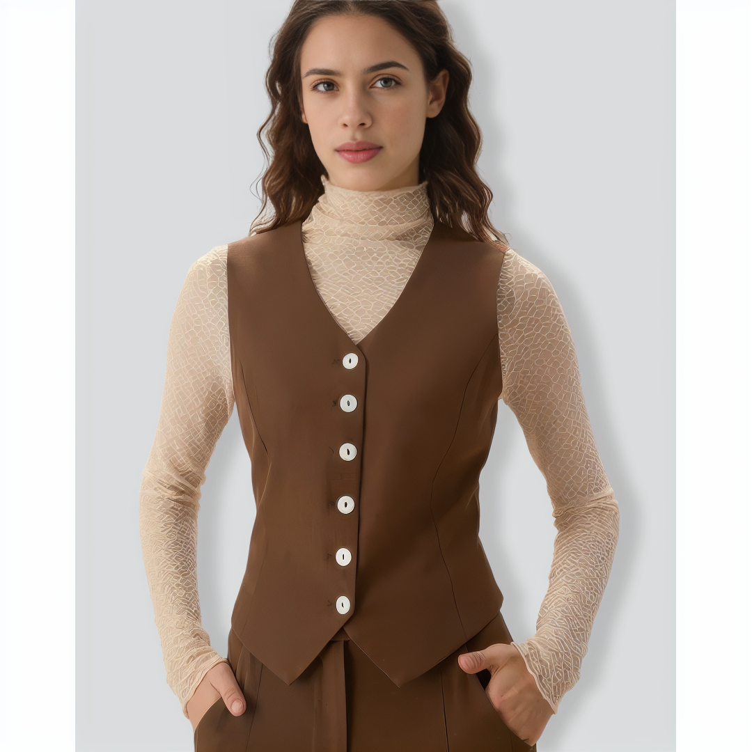 Brown V Neck Button Up Sleeveless Vest