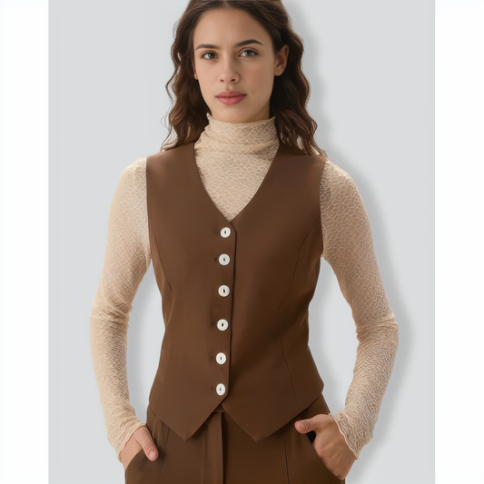 Brown V Neck Button Up Sleeveless Vest