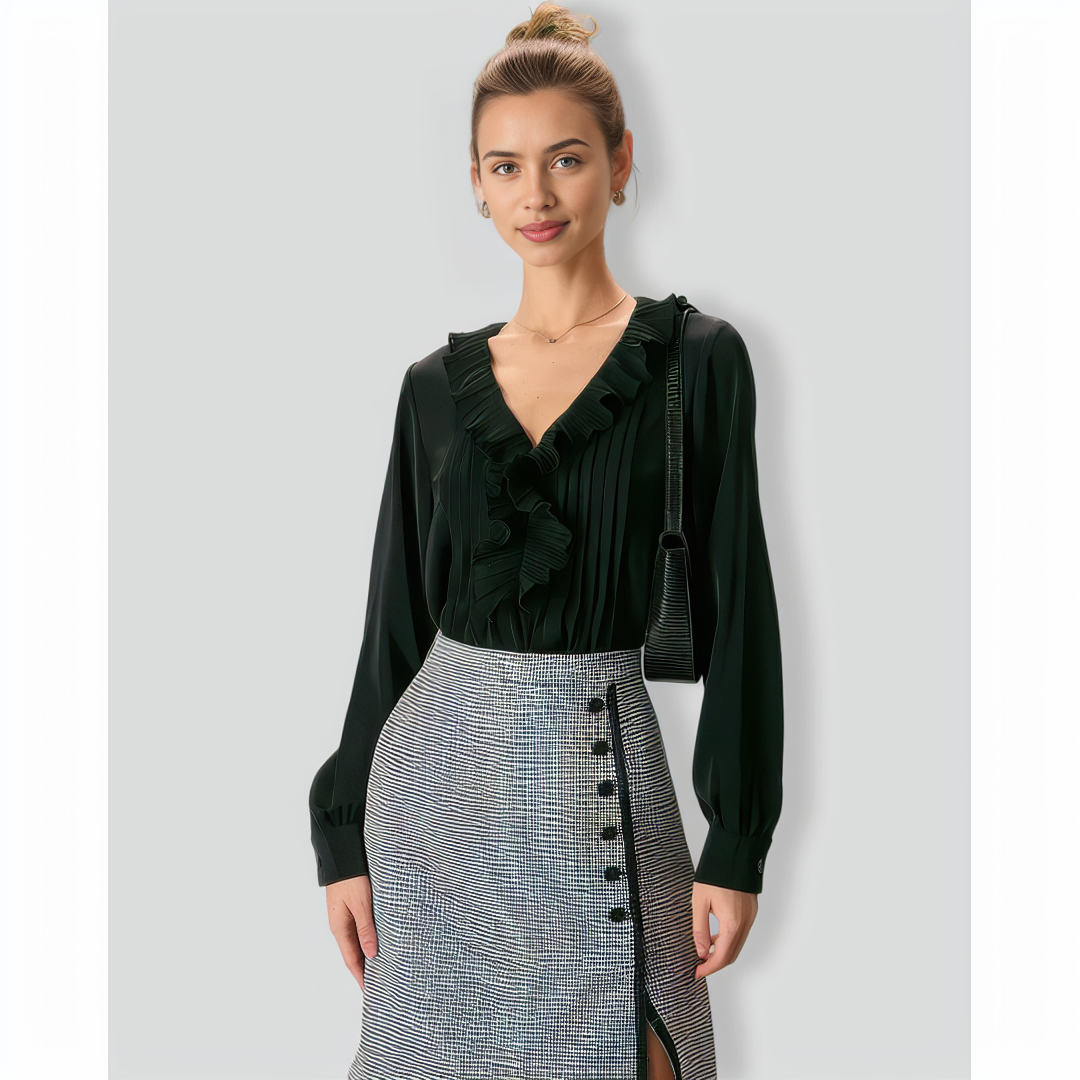 The Black V Neck Ruffle Long Sleeve Blouse