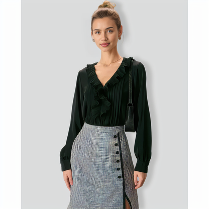 The Black V Neck Ruffle Long Sleeve Blouse