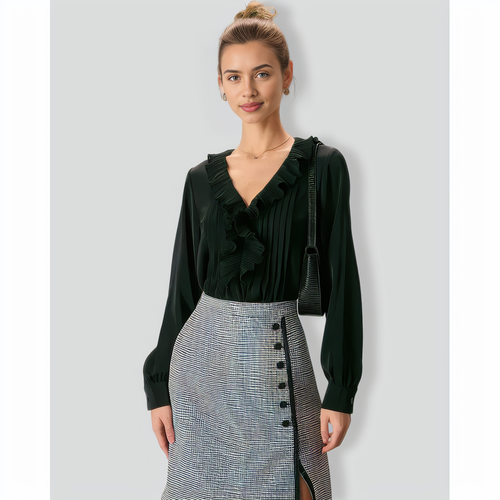 The Black V Neck Ruffle Long Sleeve Blouse