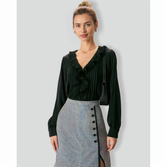 The Black V Neck Ruffle Long Sleeve Blouse