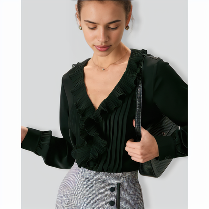 The Black V Neck Ruffle Long Sleeve Blouse