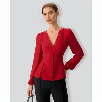 The Red V Neck Lace Trim Button Blouse