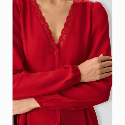 The Red V Neck Lace Trim Button Blouse