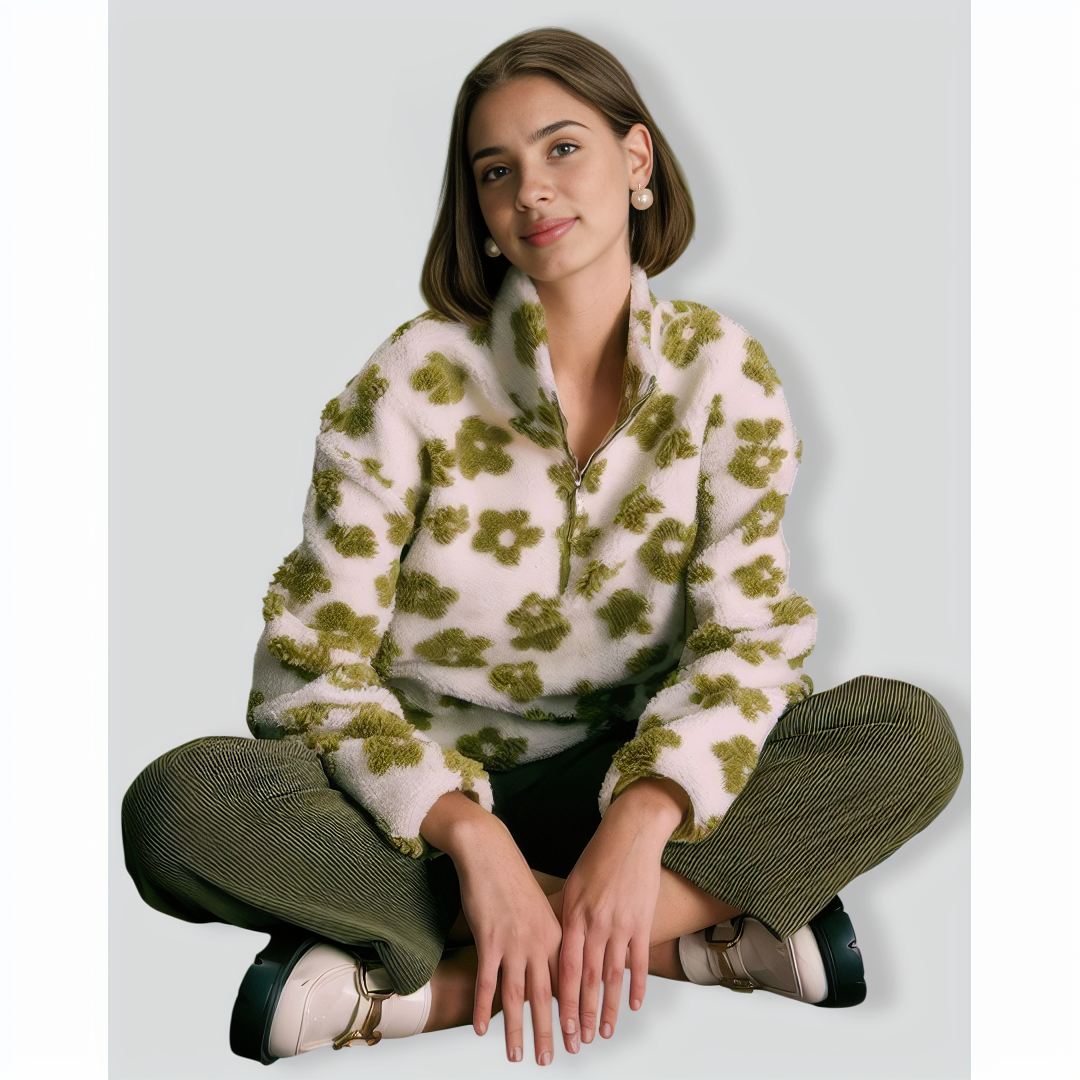 The Green Floral Half Zip Fleece Sweatshirt