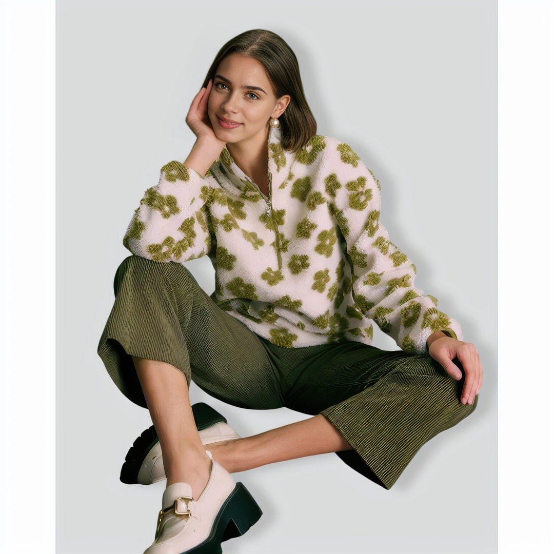 The Green Floral Half Zip Fleece Sweatshirt