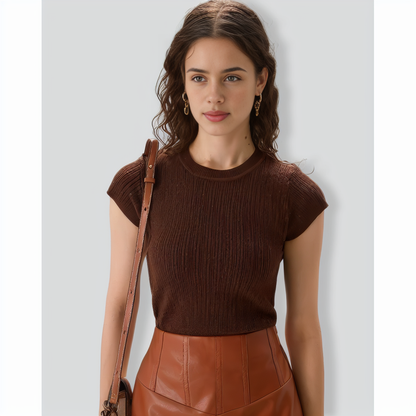 Women's Brown Crew Neck Ribbed Knit Tee
