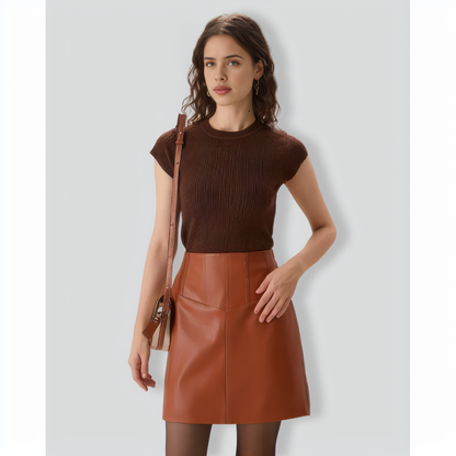 Women's Brown Crew Neck Ribbed Knit Tee