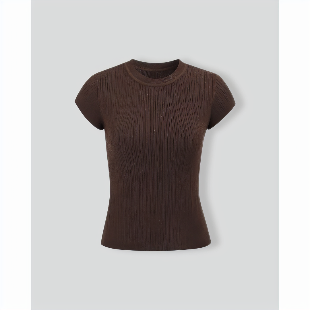 Women's Brown Crew Neck Ribbed Knit Tee